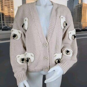 Chunky Teddy Bear Sweater Womens S Crochet Beige Cropped Cardigan Debut Animal